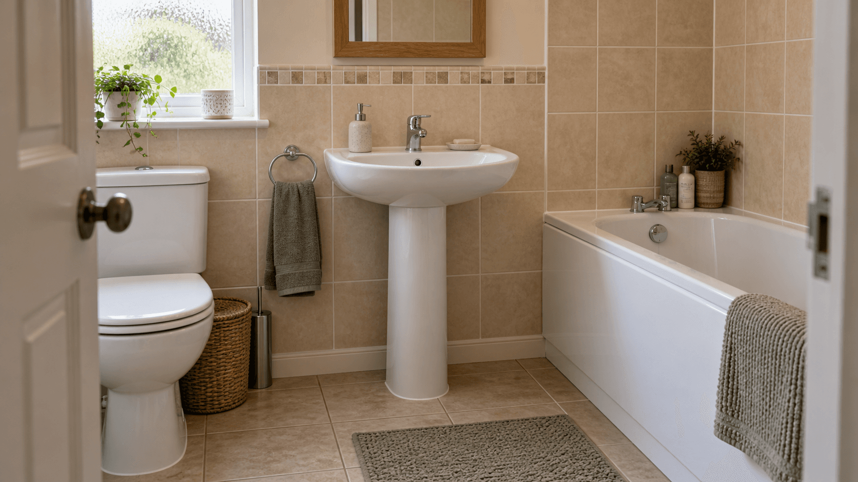 Illustration of a bathroom doorway, basin, toilet and bath with clear floor access