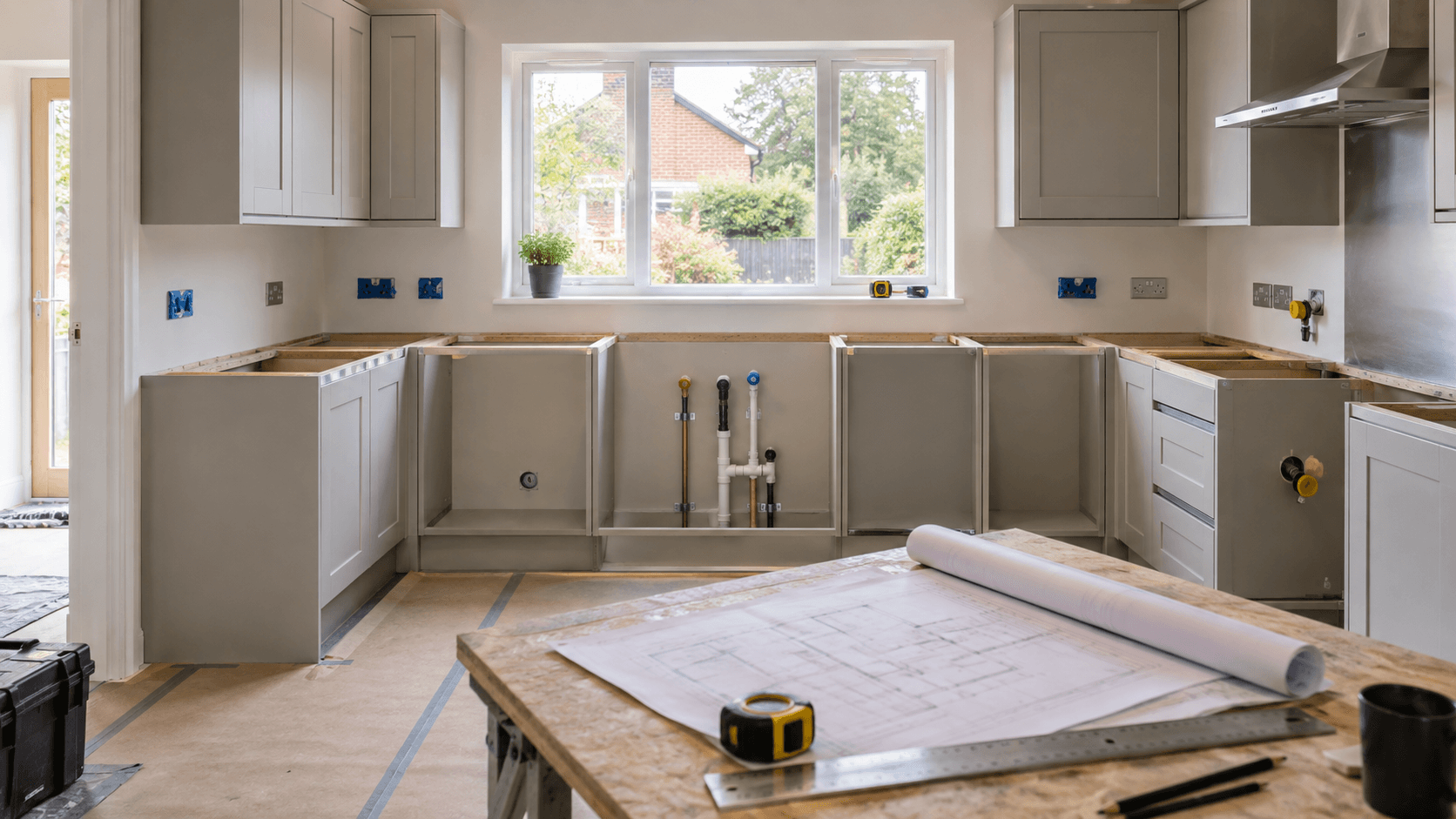 Kitchen installation in progress with cabinets, plumbing points, electrical outlets and plans prepared before worktops